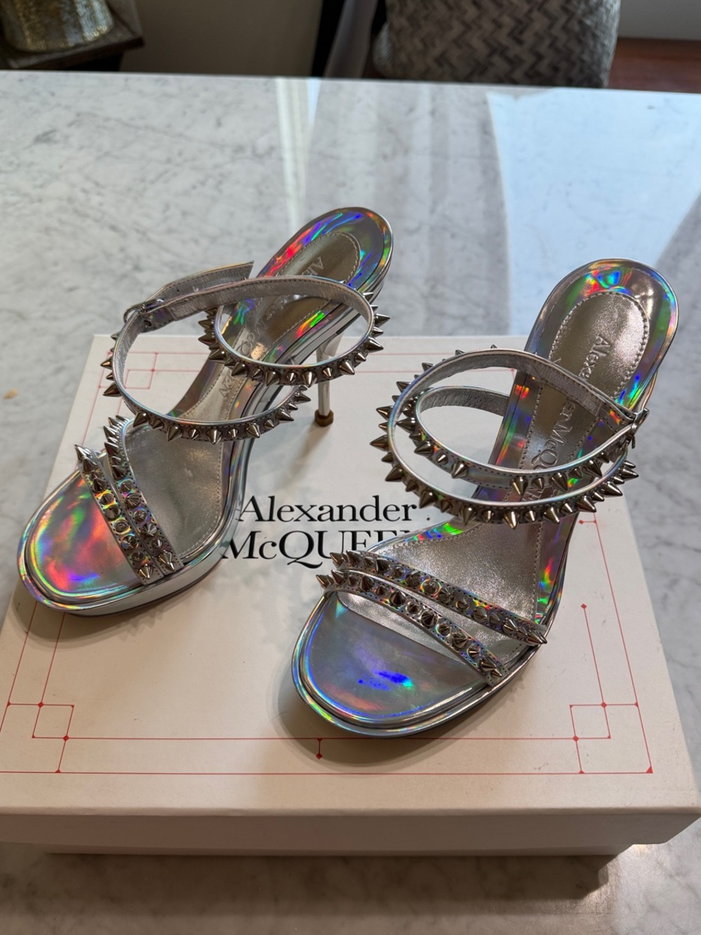 Alexander McQueen Iridescent Holographic Studded High Heel Sandals